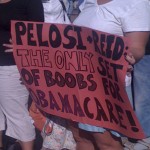 A protester critical of heathcare reform holds a sign outside the VFW National Convention in Phoenix on Monday