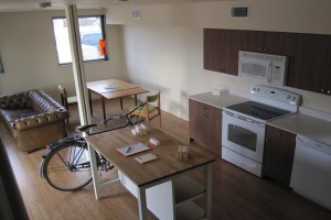 The living room and kitchen have a modern feel.
